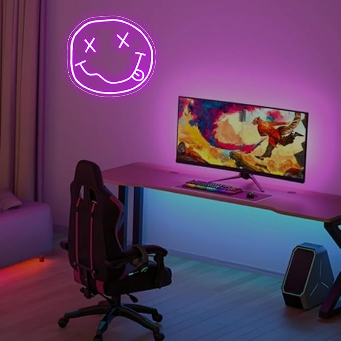 Smiley Face Neon Sign,Melting Smile Face LED Light Signs for Backdrop,Purple Wall Art Decor for Bar Bedroom Kids Room Party Decorations,Gift for Kids Teens Women USB Powered(11.8"*10.8")