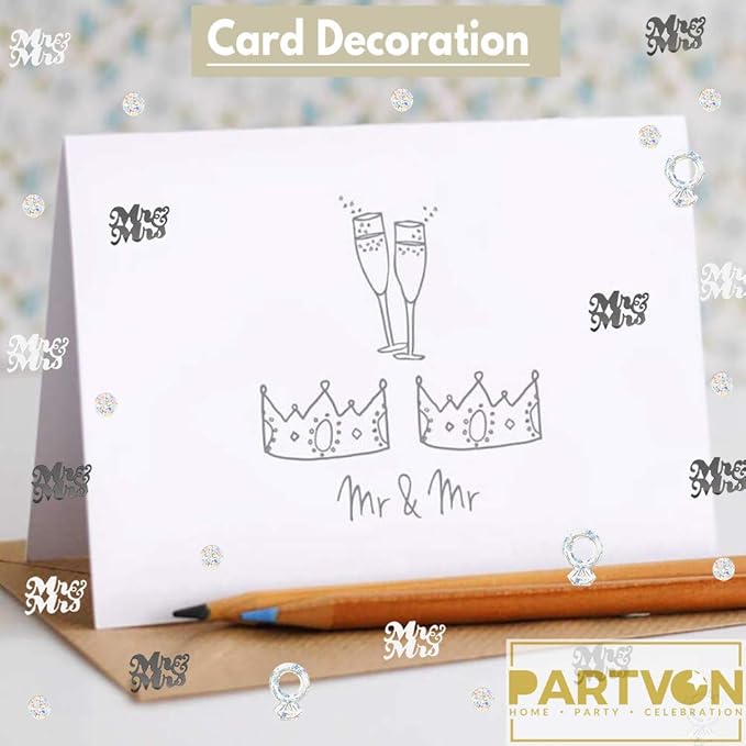 Wedding Party Table Confettiā 1.5 OZ | Mr and Mrs Diamond Ring Confetti for Wedding Shower Engagement Party Decorations I Cake Table Decor Supplies