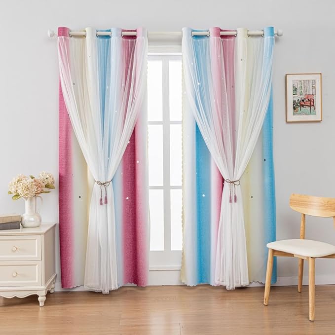 FANLI Ombre Rainbow Blackout Curtains for Kid Girls Bedroom Living Room Darking Stripe Double Layer Star Cut Out Wall Home Decor Gradient Grommet Window Curtains (Blue Purple 52Wx63L)