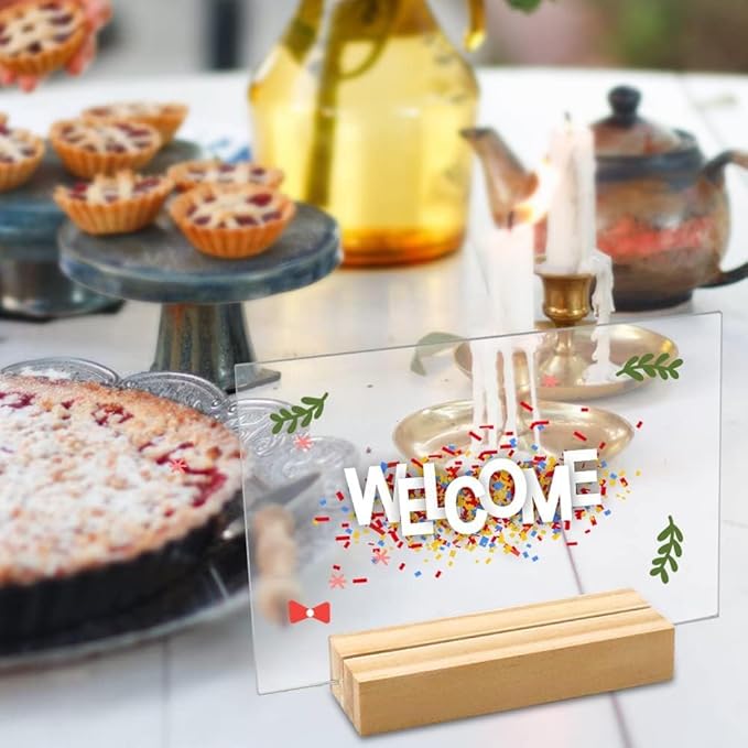 8 Pack 5 x 7 Inch Blank Clear Acrylic Table Displays with Wooden Stands - Ideal for DIY Name Cards, Menu Numbers, and Event Party Decorations(SINGLE LAYER)