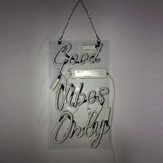 LiQi ™ GOOD VIBES ONLY Real Glass Handmade Neon Wall Signs for Home Decor Wall Light Room Decor Home Bedroom Girls Pub Hotel Beach Cocktail Recreational wedding vibes signs (14" x 8",Purple)