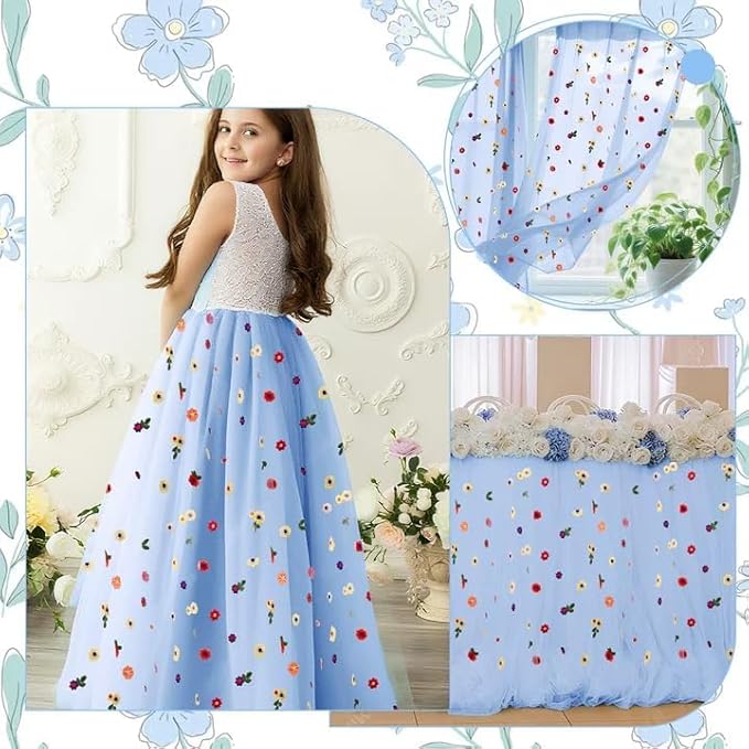 Blue Floral Table Runner 10 FT, Embroidery Daisy Table Runners Seasonal Sheer Tulle Table Runner for Thanksgiving Wedding Birthday Baby Shower Party 