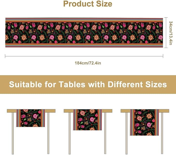 Mexican Table Runner,Colorful Flowers Cinco De Mayo Decor Table Runner for Kitchen Dining Table Home Party Decoration 13x72 Inch