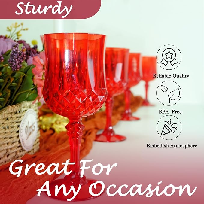 Plastic Wine Glasses,Plastic Goblets Vintage Style Cordial Drinking Glasses for Wedding Reception, Christmas Grand Event Party Supplies (48, Red)