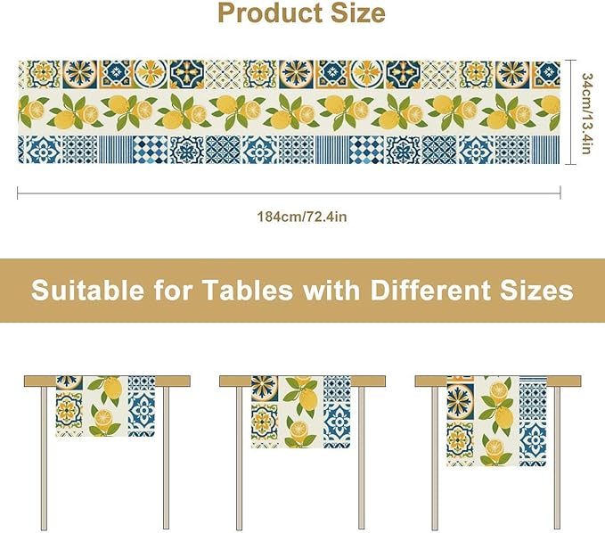 Lemon Table Runner,Watercolor Blue Fruits Green Leaves Print Table Cloth Kitchen Dining Table Home Party Decoration 13x120 Inch