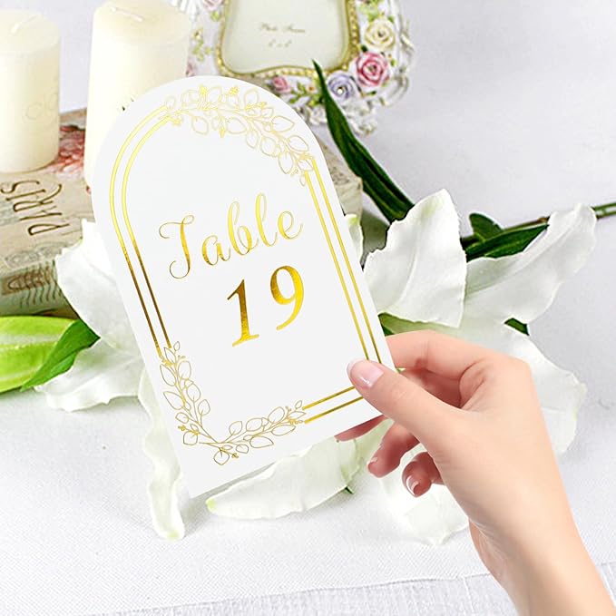 Wedding Table Numbers 1-40, 40 White Gold Cards with 40 Gold TableNumber Holders for Wedding Reception(Card and Holder)