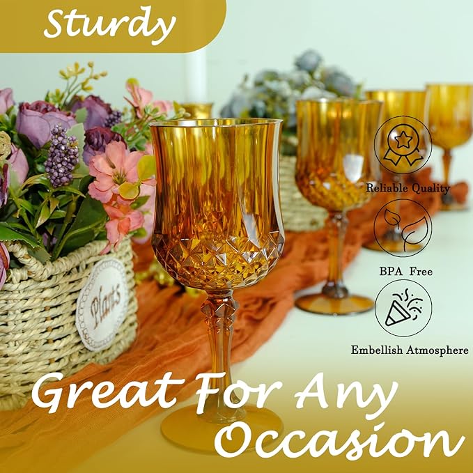 Plastic Wine Glasses,Plastic Goblets Vintage Style Cordial Drinking Glasses for Wedding Reception, Grand Event Party Supplies (24, Amber)