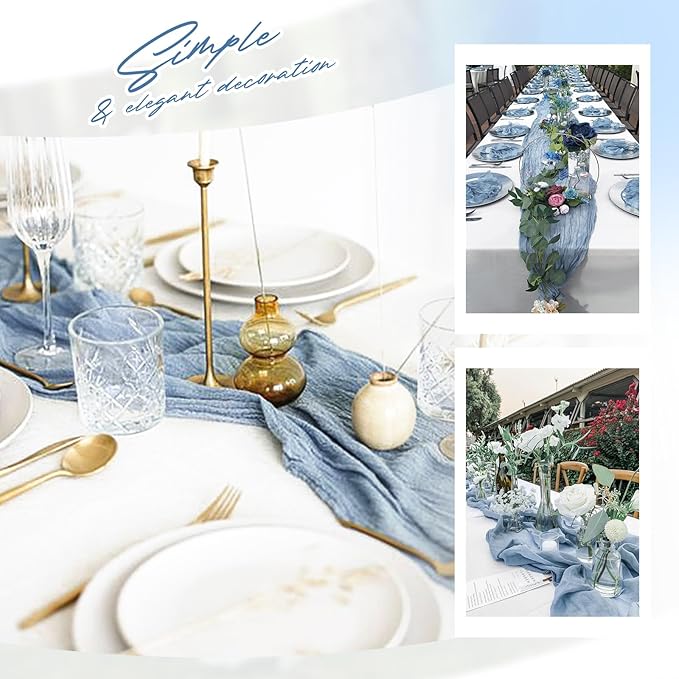 Aktor 4 Pack Dusty Blue Table Runner Boho Cheesecloth Table Runner Semi Sheer Gauze Fabric Runners for Wedding Birthday Baby Shower Party Boho Table Decoration(Dusty Blue)