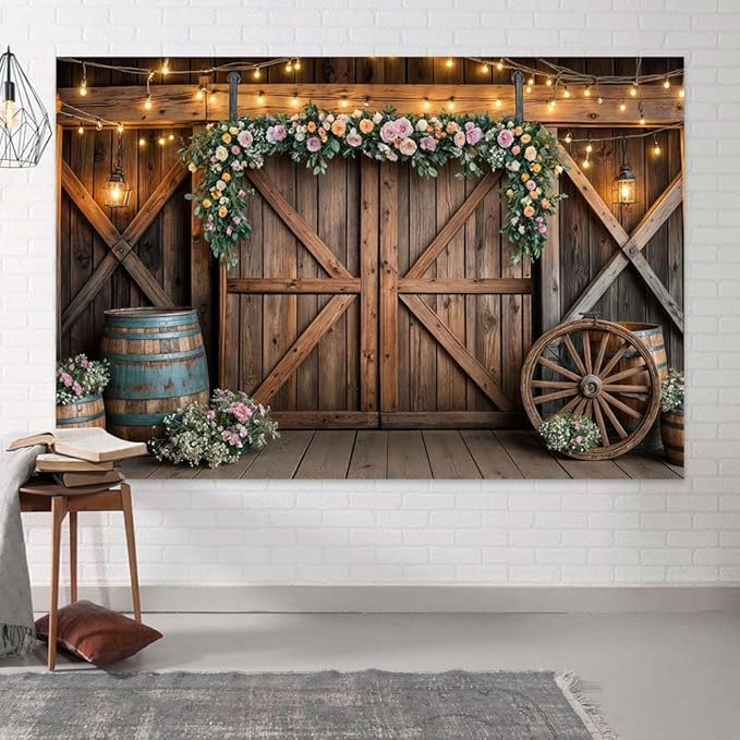7x5ft Country Wedding Photography Backdrop Rustic Barn Door Photography Backdrop Farmhouse Pink Flower Cabin Wooden Birthday Baby Shower Wedding Bridal Party Banner Photo Booth Props Background