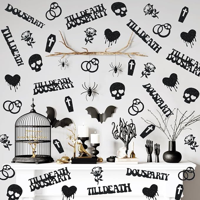 Till Death Do Us Party Confetti, Glitter Halloween Bachelorette Party Table Decorations, Skull Ring Heart Confetti for Gothic Halloween Bachelorette Weeding Bridal Shower Party Decorations(115pcs)