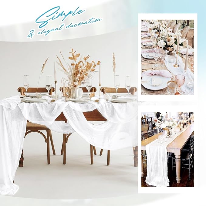 Aktor 12 Pack White Table Runner Boho Cheesecloth Table Runner Semi Sheer Gauze Fabric Runners for Wedding Birthday Baby Shower Party Boho Table Decoration(White)