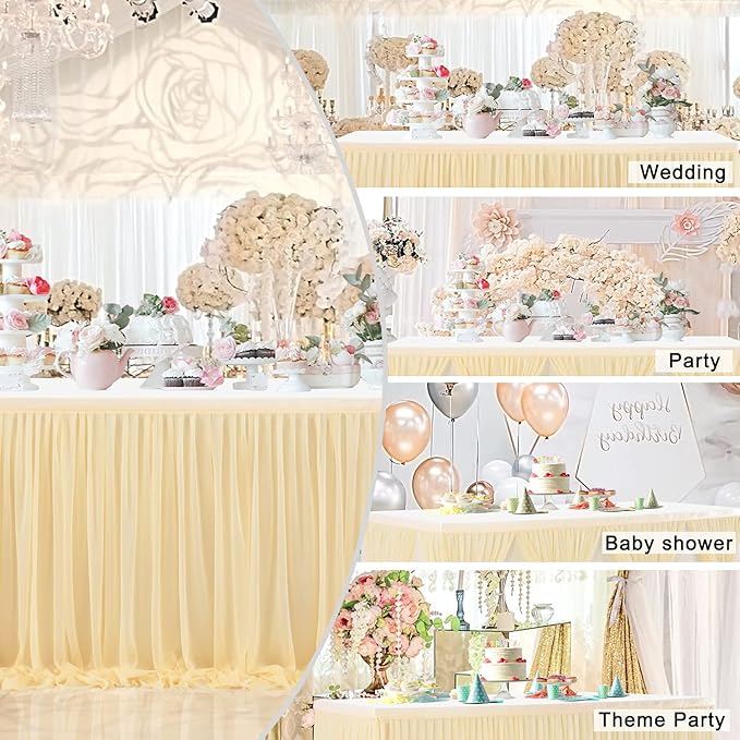 6ft Champagne Table Skirt for Rectangle Tables or Round Tables Champagne Tutu Tulle Table Skirt Cloth for Wedding Baby Shower Birthday Party Dessert Buffet Banquet Decorations