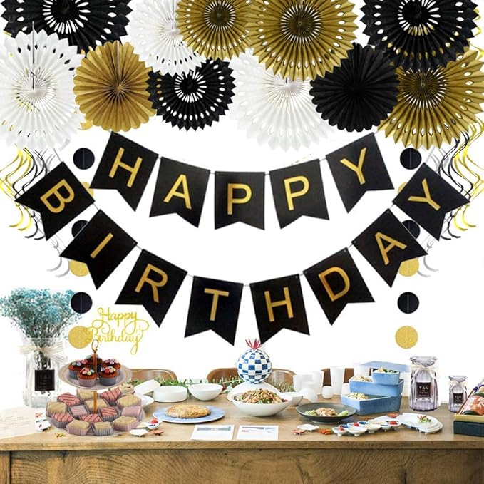 BEISHIDA Black Gold White Hanging Honeycomb Round Paper Fans Decoration Set for New Year Baby Shower Birthday Wedding Bachelorette Photo Booth Backdrops Anniversary Paper Party Supplies(11packs)