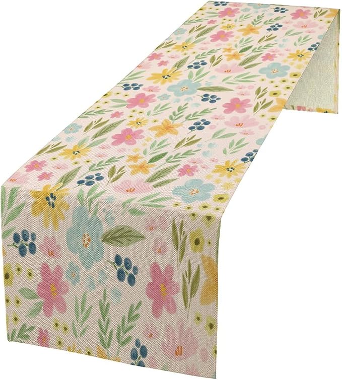 Floral Table Runner, Boho Style Watercolor Flower Green Leaf Plant Rectangle Table Decoration for Dining, Party, Holiday,13in(33cm) W * 72in(184cm) L