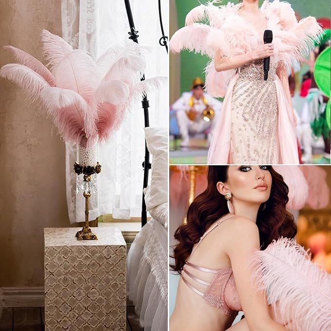 NEWONG 30pcs Light Pink Ostrich Feathers Natural Bulk 8-10inch(20-25cm) Vase Craft Wedding Home Party Centerpieces Christmas Day coquettish Valentine's Day Decoration