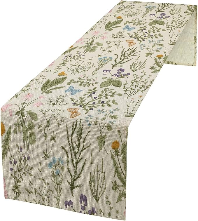 Floral Botanical Table Runner, Garden Spring Flower Botanical Butterfly Animal for Restaurant, Kitchen, Wedding, Party Rectangular Table Runner Decoration,13in(33cm) W * 36in(92cm) L