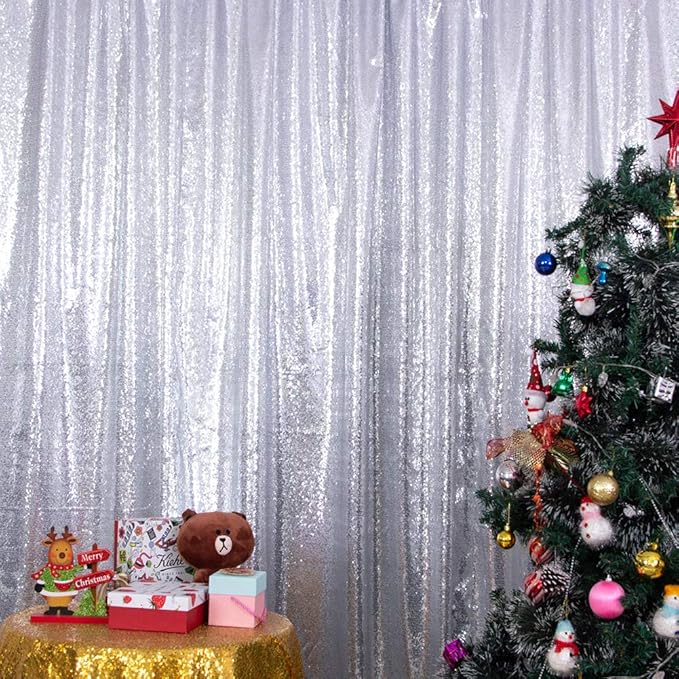 SquarePie Sequin Backdrop Not See Through Thick Stain Background for Photography Glitter Curtain Party 6FT x 8FT Silver