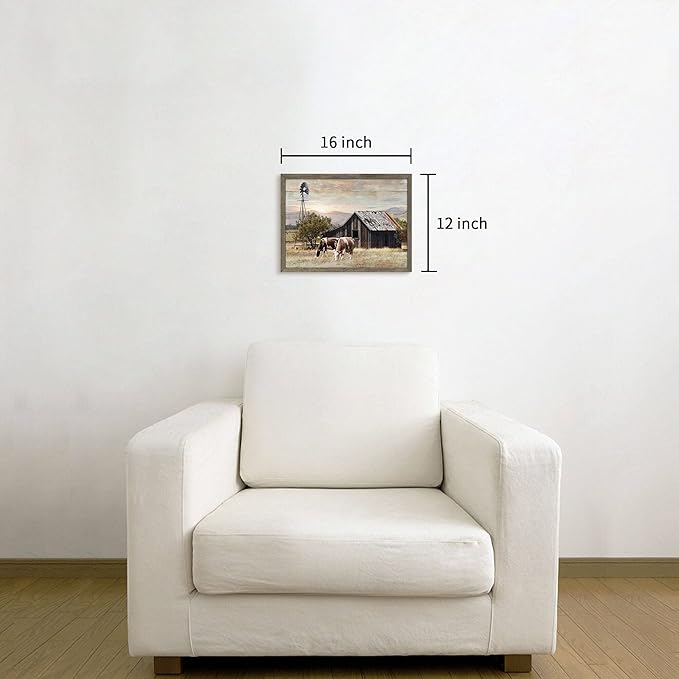 Nature Scene Wooden Framed Art:Horses&Vintage House under the Mountain Painting Print with Framed for Bathroom (12'' x 16'' x 1 Panel)