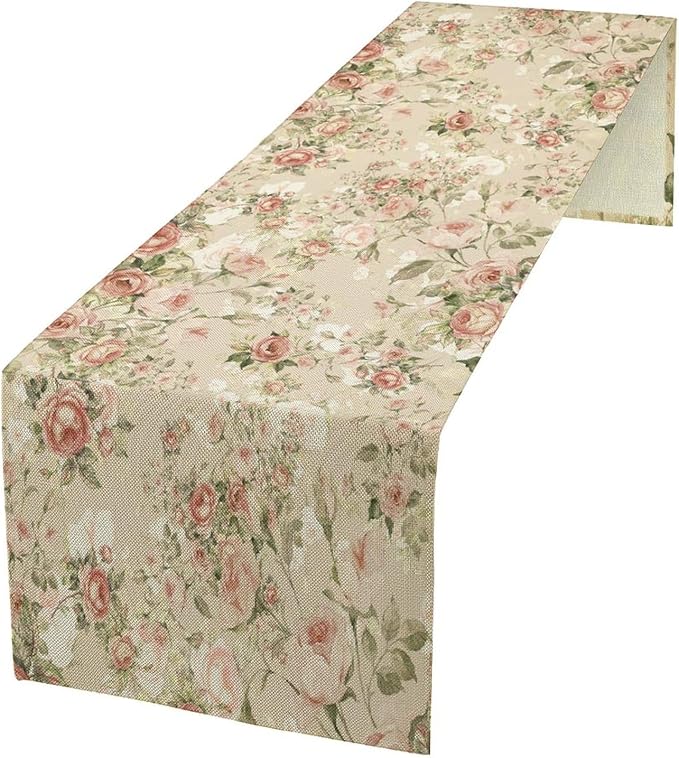 Lovely Rose Table Runner, Red and White Vintage Rose Delicate Floral Natural Pattern Long Table Restaurant Kitchen Holiday Party Decoration,13in(33cm) W * 108in(274cm) L
