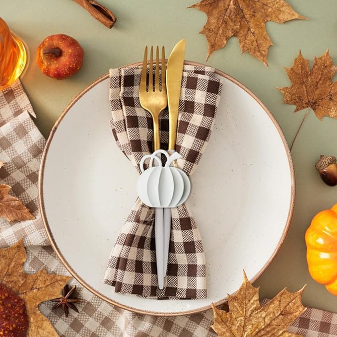 Halatool Thanksgiving Pumpkin Napkin Rings Set of 12, Alloy Fall Napkin Rings Dinner Tables Holders for Thanksgiving Halloween Weddings Holidays Gathering Dinner Party (White)