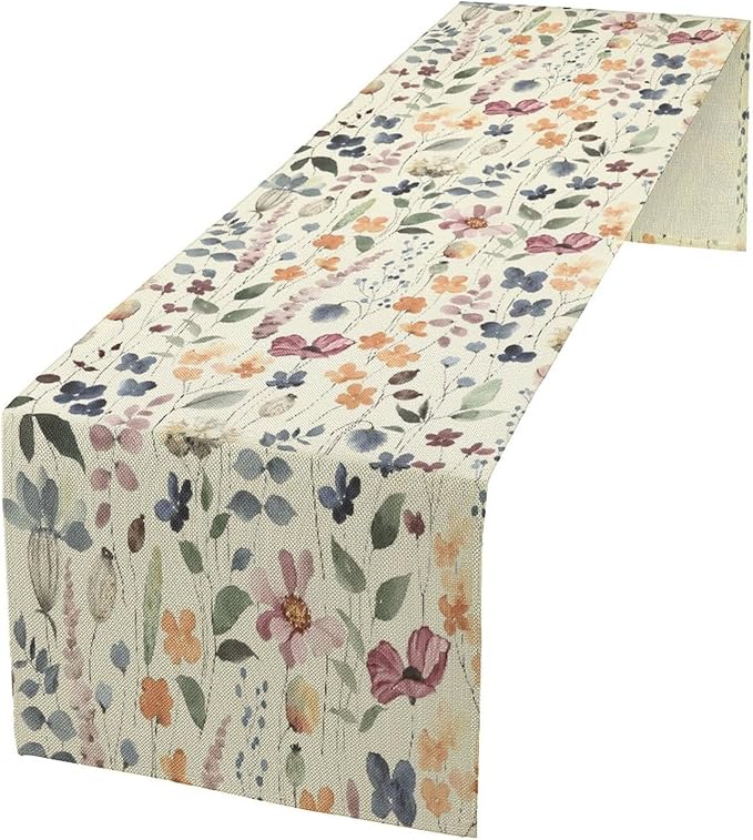 Watercolor Floral Table Runner, Vintage Colorful Floral Natural Style Pattern Decorative Home Restaurant Kitchen Rectangle Table Runner,13in(33cm) W * 120in(305cm) L