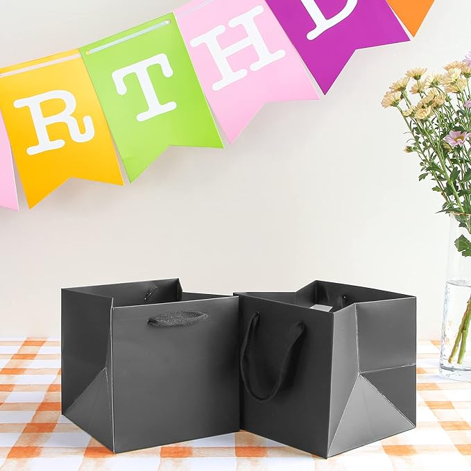 Black Paper Gift Bag 12 in Paper Gift Box Large Square Bottom Kraft Paper Bags with Handles for Wedding Baby Shower Birthday Party (Black, 12 x 12 x 12 in, 10 CT)