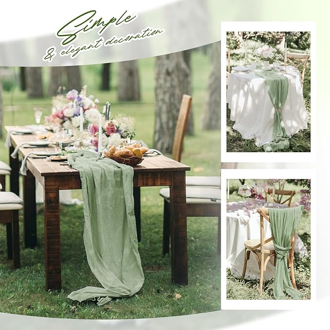 Aktor 12 Pack Sage Green Table Runner Boho Cheesecloth Table Runner Semi Sheer Gauze Fabric Runners for Wedding Birthday Baby Shower Party Boho Table Decoration(Sage Green)