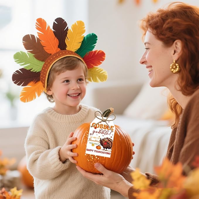 50Pcs Happy Thanksgiving Gift Tags With String, 3.3x2.1 Inch So Very Thankful For You Tags, Gobble Thanksgiving Name Tags With Turkey Pumpkin Leaf for Autumn Holiday Party Favors DIY Craft