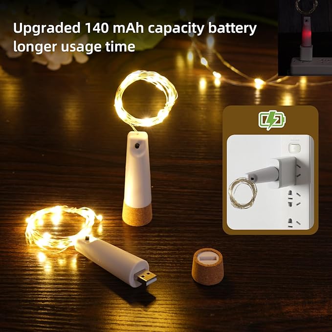 Wine Bottle Lights - 4 Pack Rechargeable Battery Operated 140mAh 20 LED Bottle Stoppers,8 Light Modes Switching,Perfect for Christmas, Weddings, Halloween, and More(Warm)
