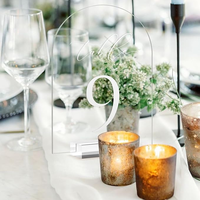 JINMURY Clear Arch Table Numbers for Wedding, 5x7 Inch Arched Acrylic Table Numbers 1-25 with Stands, Clear Acrylic Arch Sign with Holder for Centerpiece, Reception, Wedding, Party, Event
