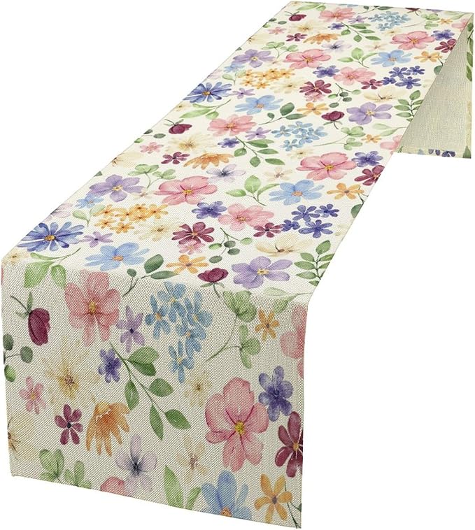 Floral Decorative Table Runner, Watercolor Floral Botanical Rustic Modern Style Pattern Printed Long Table Runner for Restaurant Kitchen Party,13in(33cm) W * 108in(274cm) L