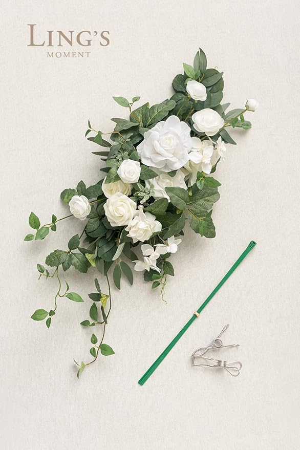 Ling's Moment Wedding Floral Swag Welcome Sign Artificial Flowers Backdrop Garland White Sage Green for Ceremony Reception Door Wall Easel Home Decorations Entryway Faux Outdoor Board Head Table Decor