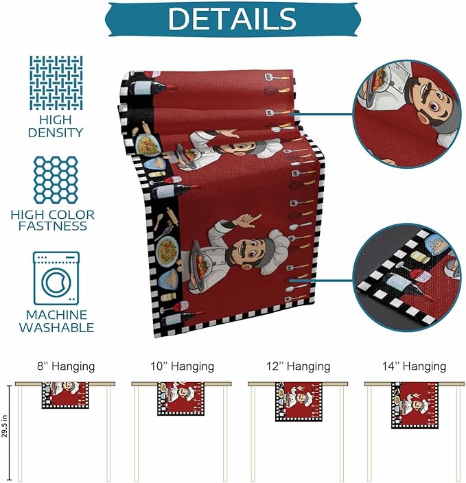 Red Chef Gourmet Cotton Linen Table Runner for Dining Kitchen, Wedding Outdoor Party Tablerunners Decoration, Black White Check Plaid Funny Kitchen Dresser Scarf Coffee Tablecloth Runners 13x72 Inches
