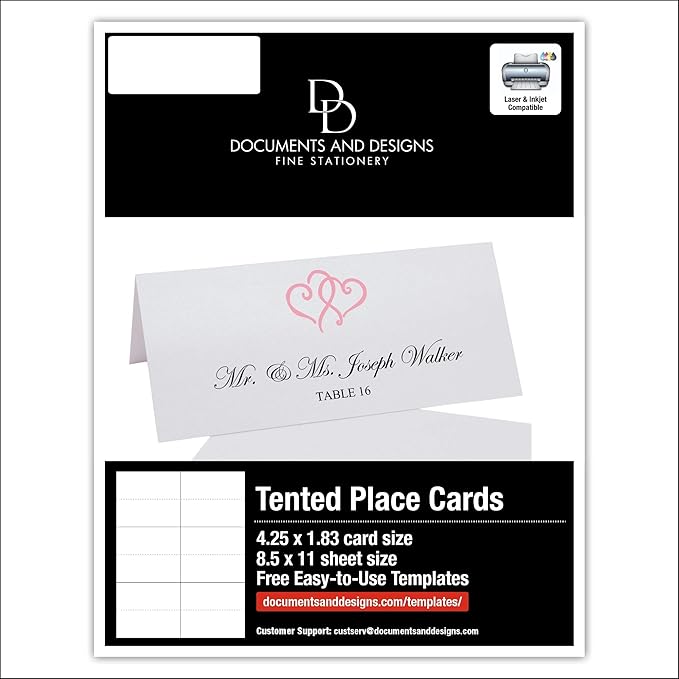 Linked Hearts Printable Place Cards, Pink (Choose Color), Set of 150 (25 Sheets), Laser & Inkjet Printers - Wedding, Party, Dinner, and Special Events - Made in the USA