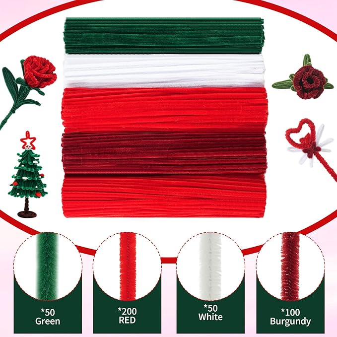 400 Pcs Red Pipe Cleaners for Crafts, 4 Colors Soft Chenille Stems Bulk with Floral Wires, Gardening Tape,Hot Glue Stick,Greeting Card,Bouquet Paper, Pearl & Ribbon, Flowers Craft kit for Christmas