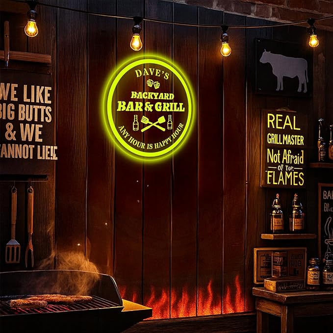 Custom Acrylic LED Bar Sign – Personalized Color Changing Wall Decor for Backyard Patio, Home Bar, Kitchen, or Man Cave (Bar & Grill, 16 INCHES)