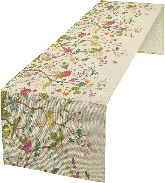 Floral Table Runner, Vintage Birds Wildflowers Herbs Nature Theme Linen Long Table Kitchen Dining Table Holiday Party Decorative Table Runner,13in(33cm) W * 72in(184cm) L
