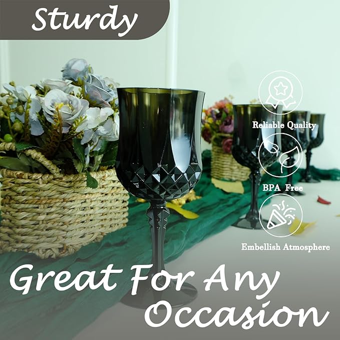 Plastic Wine Glasses,Plastic Goblets Vintage Style Cordial Drinking Glasses for Wedding Reception, Halloween Grand Event Party Supplies (24, Black)