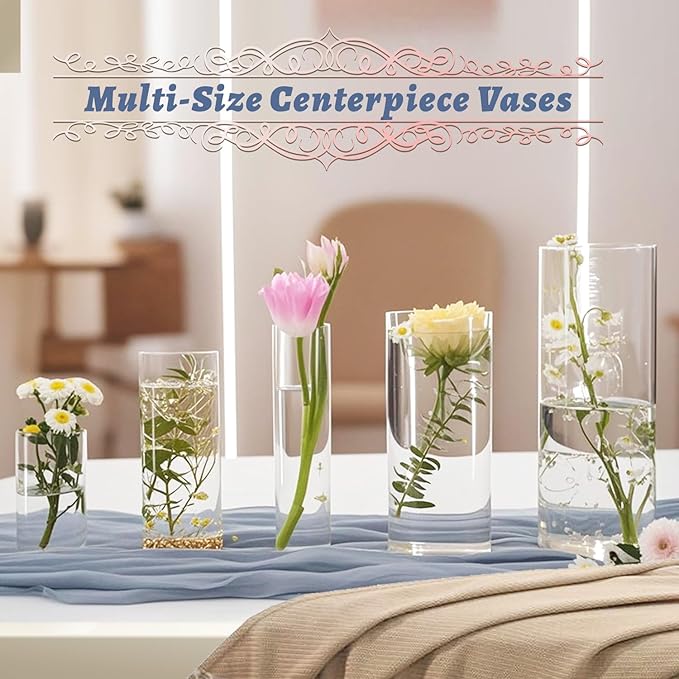 60pcs Glass Vase Cylinder Vases for Centerpieces Small Flower Glass Vases Home Decor Centerpiece Table Clear Flower Vase Decorations for Wedding&Holiday 6,6,7.8,9.8,11.8 Inch Tall