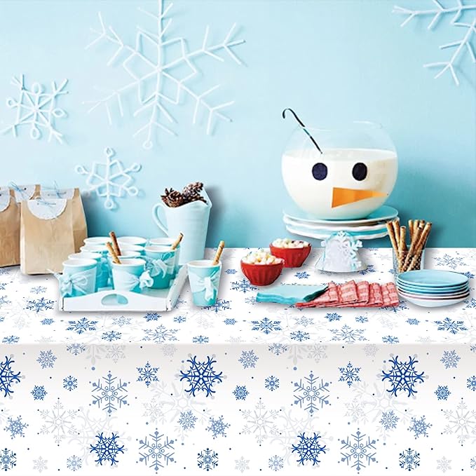 8 Pieces Snowflake Christmas Party Tablecloth Decorations,Plastic White Snowflake White Blue Xmas Backdrop Sign Table Cover Banner for Winter Christmas Holiday Party Supplies,54x108 inch(White/Blue)