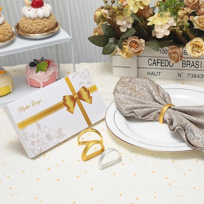 KPOSIYA Napkin Rings Set of 8, Metal Gold Napkin Rings Bulk for Table Settings, D-Shape Napkin Holders Rings for Dinner Table Decor, Easter, Fall,Thanksgiving, Christmas, Party,(Brilliant Gold 8 pcs)