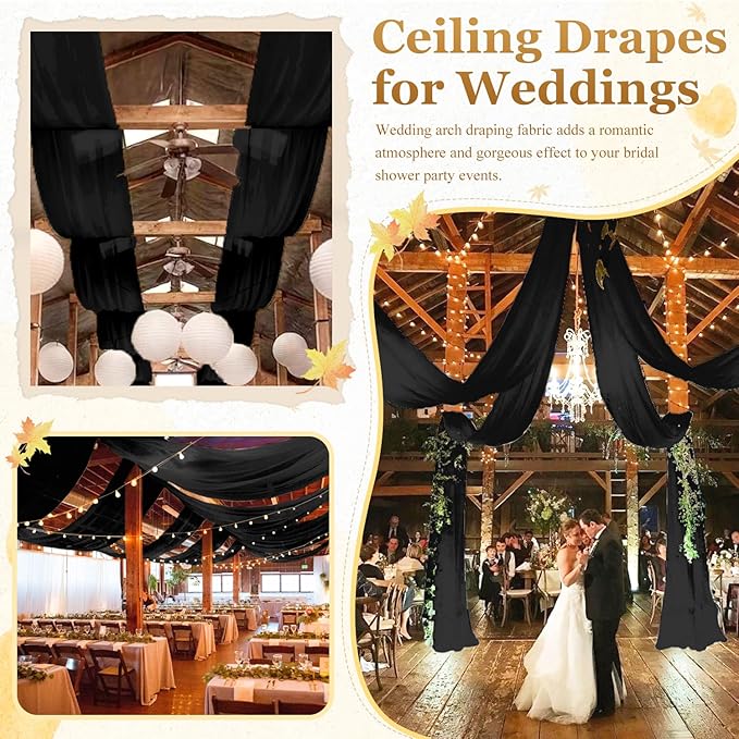 MODFUNS Black Ceiling Drapes Wedding Arch Drapery 5x30ft 4 Panels Chiffon Sheer Curtain Drapes Rustic Fabric for Wedding Party Reception Decoration