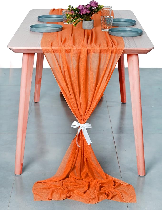 MDS 20 Pack 10ft Chiffon Table Runner 29 x 120 Inches Sheer Wedding Runner Romantic Rustic Table Runner for Wedding Decorations, Birthday Parties, Bridal Shower Party Arch Decor - Orange