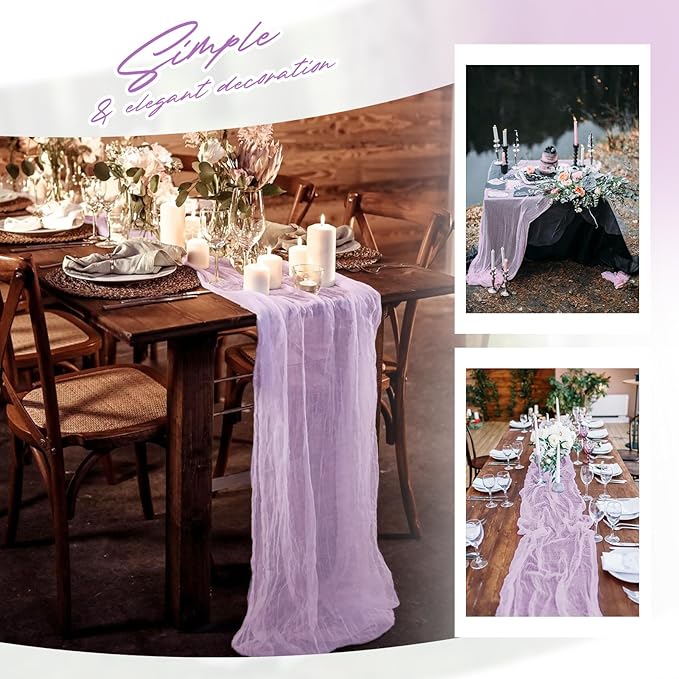 Aktor 12 Pack Lavender Table Runner Boho Cheesecloth Table Runner Semi Sheer Gauze Fabric Runners for Wedding Birthday Baby Shower Party Boho Table Decoration(Lavender)
