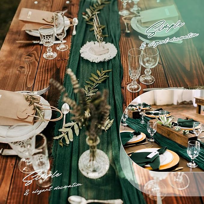 Aktor 4 Pack Emerald Green Table Runner Boho Cheesecloth Table Runner Semi Sheer Gauze Fabric Runners for Wedding Birthday Baby Shower Party Boho Table Decoration(Emerald Green)