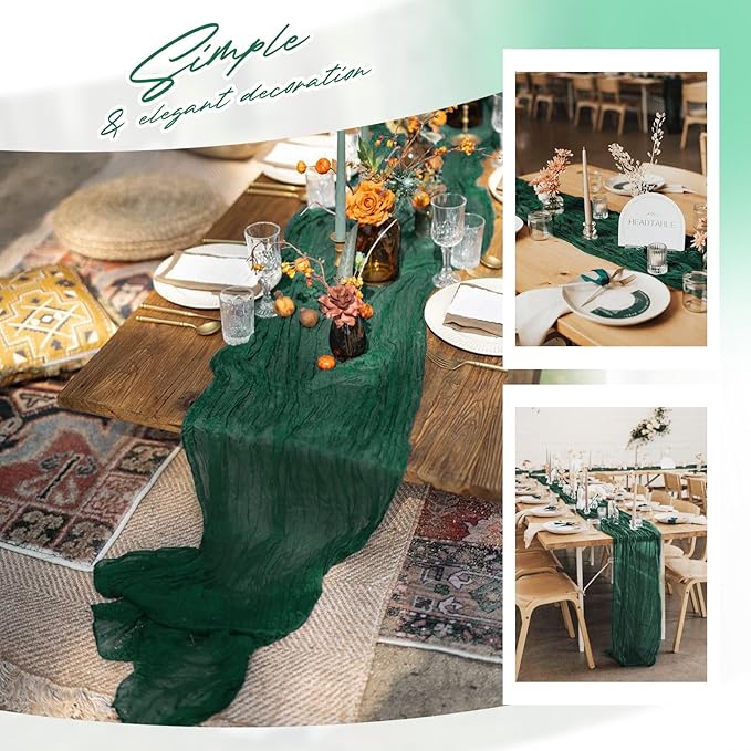 Aktor 12 Pack Emerald Green Table Runner Boho Cheesecloth Table Runner Semi Sheer Gauze Fabric Runners for Wedding Birthday Baby Shower Party Boho Table Decoration(Emerald Green)