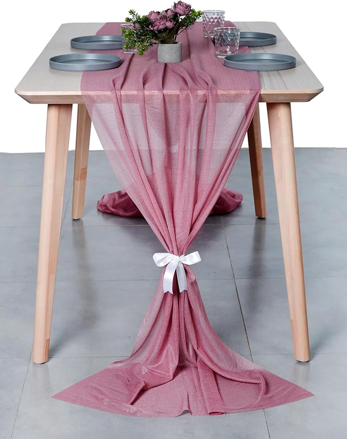 MDS 15 Pack 10ft Chiffon Table Runner 29 x 120 Inches Sheer Wedding Runner Romantic Rustic Table Runner for Wedding Decorations, Birthday Parties, Bridal Shower Party Arch Decor - mauva