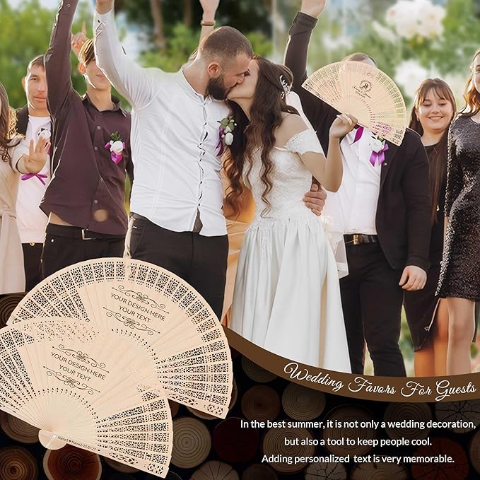 100 PCS Custom Fans Personalized Folding Fans for Line Dancing Wooden Hand Fan Wedding Favors Bulk Fans for Guests Party Event Use (Style03)