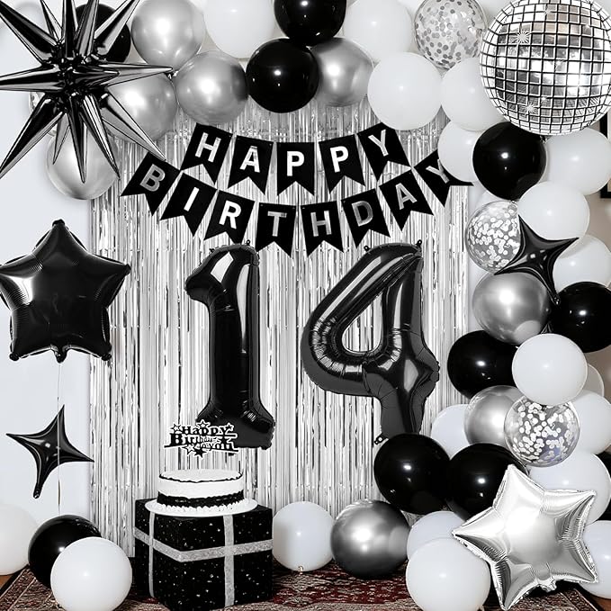 14th Birthday Decorations for Boys Girls, Black Silver Happy Birthday Party Decorations, 14 Year Old Party Supplies with Number 14 Balloons, Banner, Fringe Curtains Kit