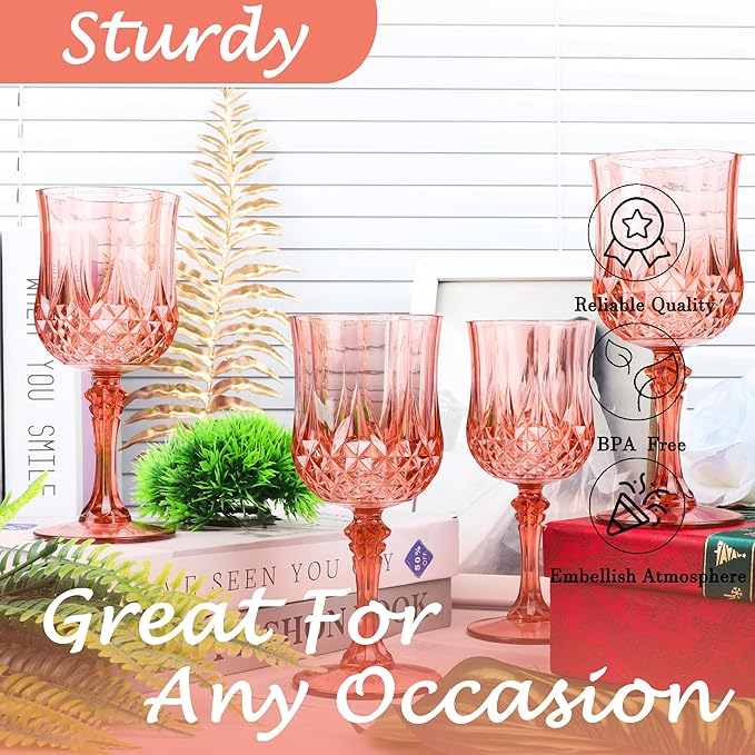 Plastic Wine Glasses,Plastic Goblets Vintage Style Cordial Drinking Glasses for Wedding Reception, Grand Event Party Supplies (48, Rose Gold)